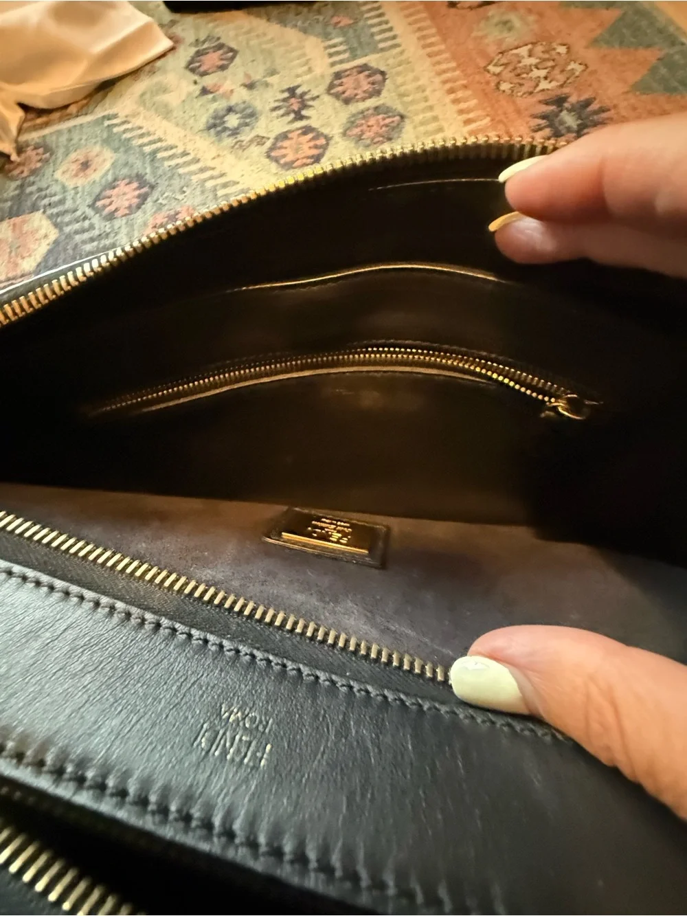 Auth Fendi Dotcom Black Leather Studded Top-Handle Bag